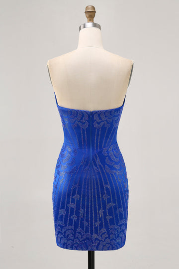 Strapless Royal Blue Beaded Bodycon Short Cocktail Dress